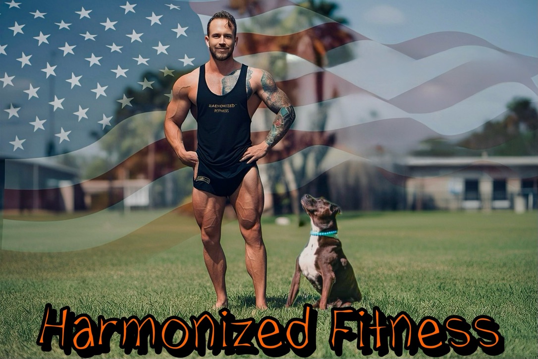 Kyle McCormick personal trainer with American flag background - Harmonized Fitness military-trained coaching in Pinellas County, FL