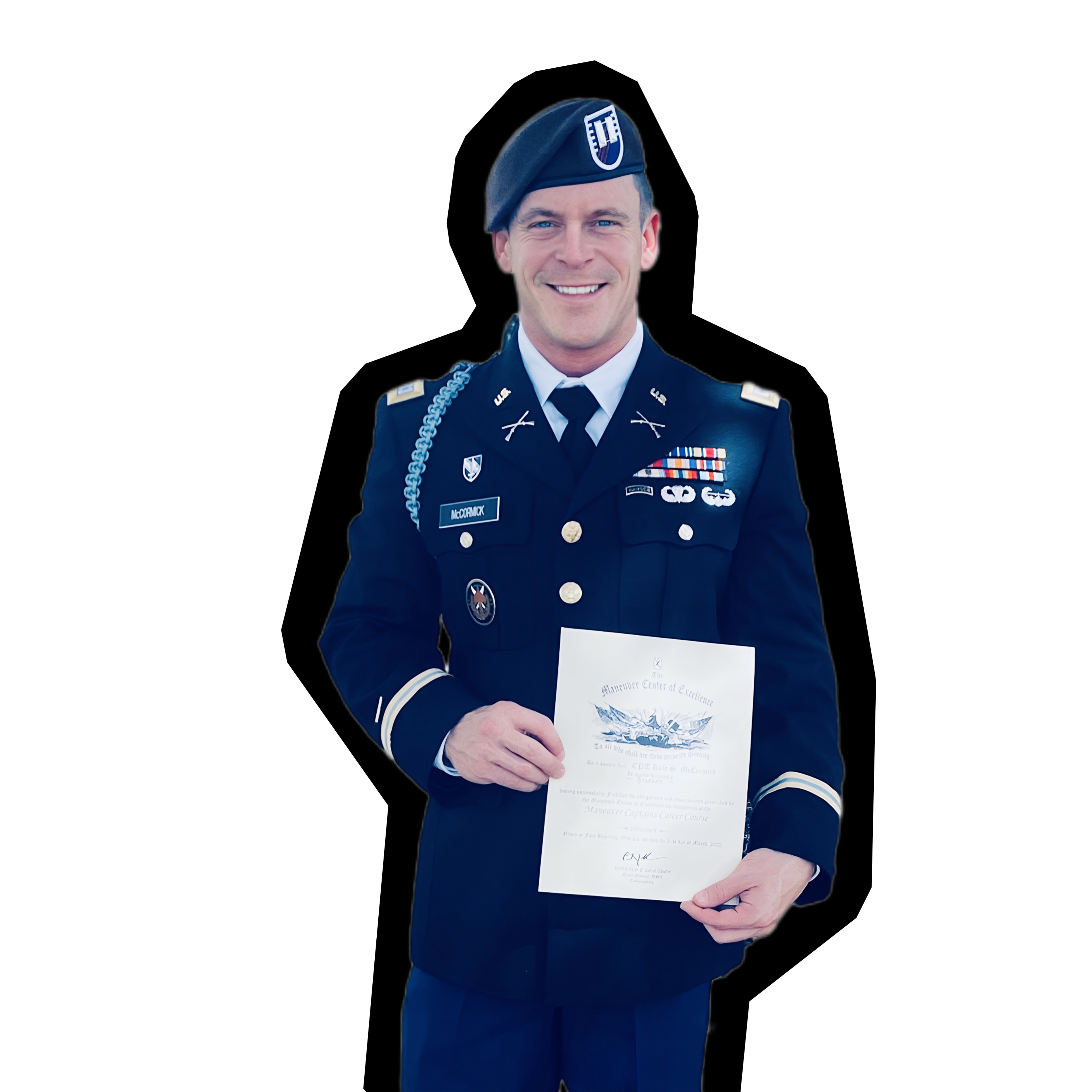 Kyle McCormick in Army dress blues with certificate - professional military credentials